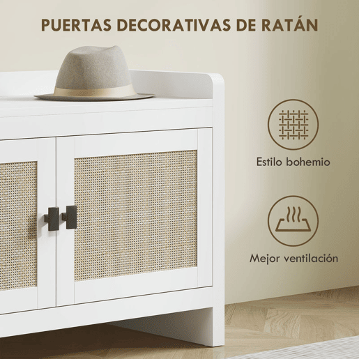 HOMCOM Banco Sapateira Móvel Sapateira Banco de Entrada com Portas Frentes de Vime Prateleira para 8 Pares de Sapatos para Entrada Dormitório 80x35x52 cm Branco