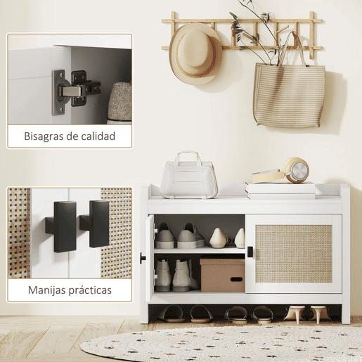 HOMCOM Banco Sapateira Móvel Sapateira Banco de Entrada com Portas Frentes de Vime Prateleira para 8 Pares de Sapatos para Entrada Dormitório 80x35x52 cm Branco