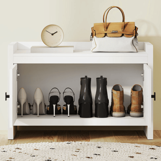 HOMCOM Banco Sapateira Móvel Sapateira Banco de Entrada com Portas Frentes de Vime Prateleira para 8 Pares de Sapatos para Entrada Dormitório 80x35x52 cm Branco