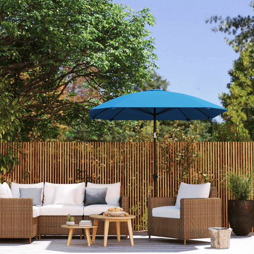 Outsunny Chapéu de Sol para Terraço Exterior 233x233 cm, Guarda-sol de Jardim com Ângulo Ajustável em 2 Posições, Impermeável, Poste de Alumínio, Varetas de Fibra de Vidro e Manivela - Azul