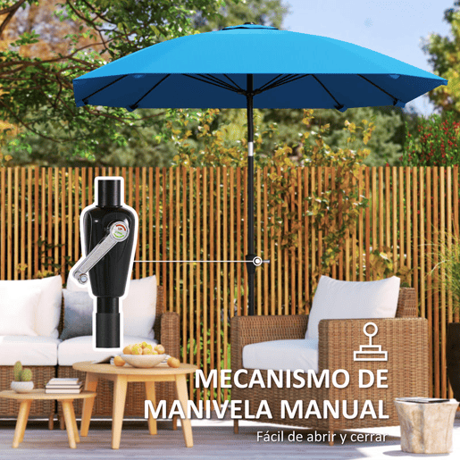 Outsunny Chapéu de Sol para Terraço Exterior 233x233 cm, Guarda-sol de Jardim com Ângulo Ajustável em 2 Posições, Impermeável, Poste de Alumínio, Varetas de Fibra de Vidro e Manivela - Azul