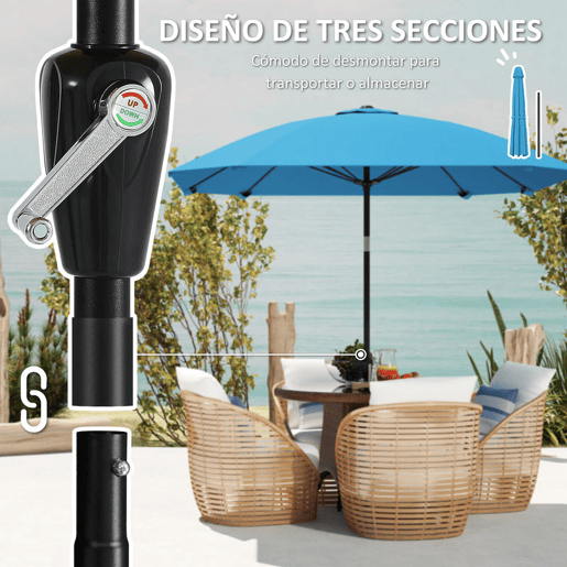 Outsunny Chapéu de Sol para Terraço Exterior 233x233 cm, Guarda-sol de Jardim com Ângulo Ajustável em 2 Posições, Impermeável, Poste de Alumínio, Varetas de Fibra de Vidro e Manivela - Azul
