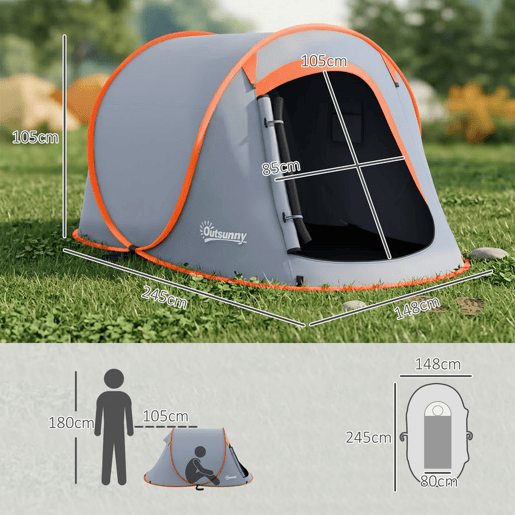 Outsunny Tenda de Campismo para 1-2 Pessoas Tenda de Campismo Impermeável de 2000 mm com Bolsa de Transporte para Campismo Pesca Trekking 245x148x105 cm Cinzento