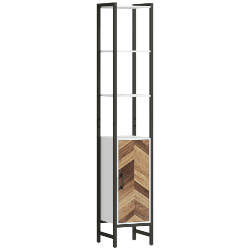 HOMCOM Armário Alto de Casa de Banho, Coluna 30x30x170 cm com 3 Prateleiras Abertas, 1 Porta e Prateleira Ajustável, Móvel Auxiliar com Sistema Anti-queda, Branco e Nogueira
