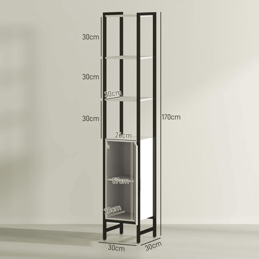 HOMCOM Armário Alto de Casa de Banho, Coluna 30x30x170 cm com 3 Prateleiras Abertas, 1 Porta e Prateleira Ajustável, Móvel Auxiliar com Sistema Anti-queda, Branco e Nogueira
