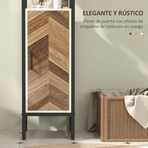 HOMCOM Armário Alto de Casa de Banho, Coluna 30x30x170 cm com 3 Prateleiras Abertas, 1 Porta e Prateleira Ajustável, Móvel Auxiliar com Sistema Anti-queda, Branco e Nogueira