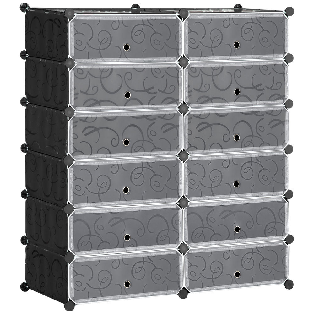 Homcom zapatero modular cubos de plástico armario modular para zapatos con 12 cubos con puerta diseño bricolaje para entrada dormitorio negro