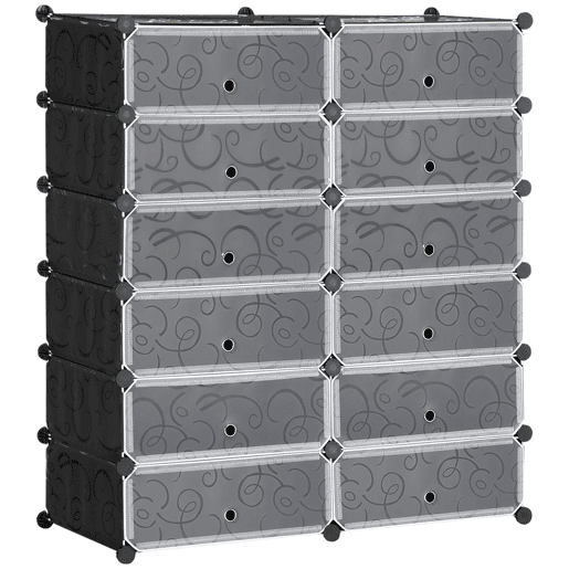 HOMCOM Sapateira Modular de Cubos de Plástico Armário Modular para Sapatos com 12 Cubos com Porta Desenho de DIY para Entrada Dormitório 94x37x108 cm Preto