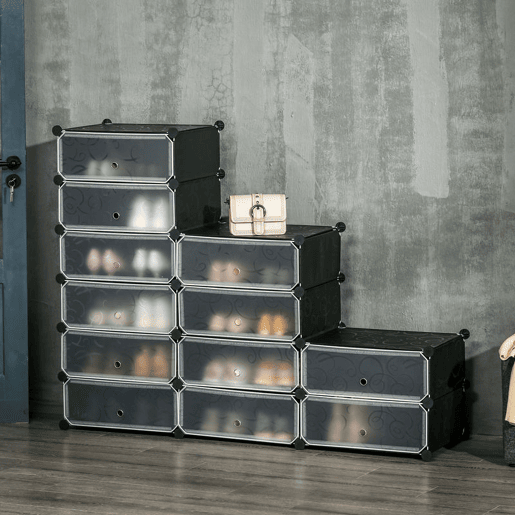 HOMCOM Sapateira Modular de Cubos de Plástico Armário Modular para Sapatos com 12 Cubos com Porta Desenho de DIY para Entrada Dormitório 94x37x108 cm Preto