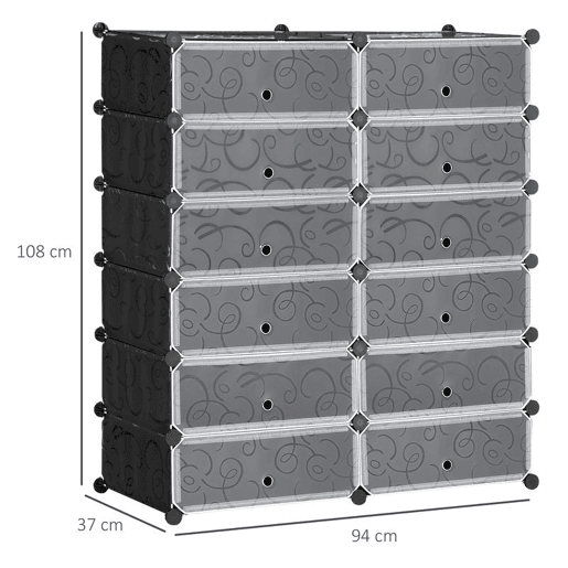 HOMCOM Sapateira Modular de Cubos de Plástico Armário Modular para Sapatos com 12 Cubos com Porta Desenho de DIY para Entrada Dormitório 94x37x108 cm Preto
