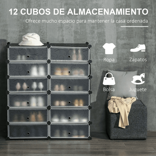 HOMCOM Sapateira Modular de Cubos de Plástico Armário Modular para Sapatos com 12 Cubos com Porta Desenho de DIY para Entrada Dormitório 94x37x108 cm Preto
