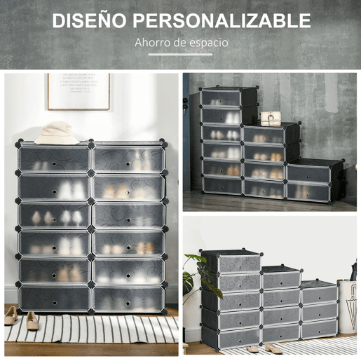 HOMCOM Sapateira Modular de Cubos de Plástico Armário Modular para Sapatos com 12 Cubos com Porta Desenho de DIY para Entrada Dormitório 94x37x108 cm Preto