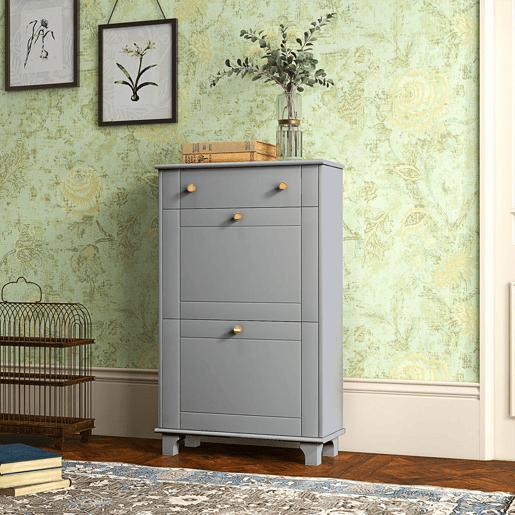 HOMCOM Sapateira Móvel Sapateira Estreita com 2 Portas e 1 Gaveta para 8 Pares de Sapatos para Entrada Corredor 60x23,5x98,5 cm Cinzento
