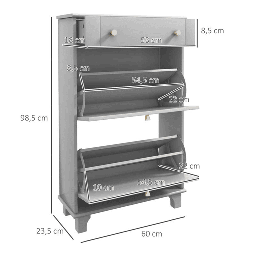 HOMCOM Sapateira Móvel Sapateira Estreita com 2 Portas e 1 Gaveta para 8 Pares de Sapatos para Entrada Corredor 60x23,5x98,5 cm Cinzento