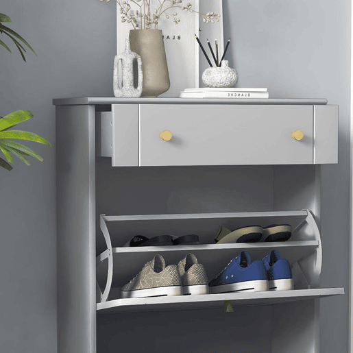 HOMCOM Sapateira Móvel Sapateira Estreita com 2 Portas e 1 Gaveta para 8 Pares de Sapatos para Entrada Corredor 60x23,5x98,5 cm Cinzento