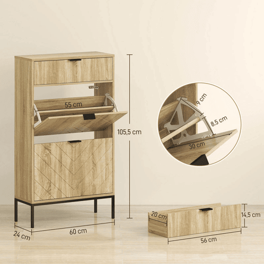 HOMCOM Sapateira Estreita com 2 Portas Sapateira para Entrada com Gaveta e Prateleiras Ajustáveis para 8 Pares de Sapatos 60x24x105,5 cm Madeira