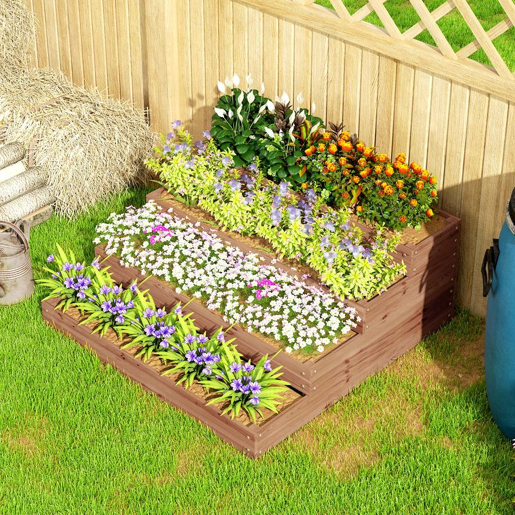 Outsunny Floreira de Madeira Elevada de 4 Níveis Floreira Exterior Grande com Design em Escada Horta Urbana para Cultivos Plantas e Flores para Pátio e Varanda 113x113x46 cm Castanho Escuro