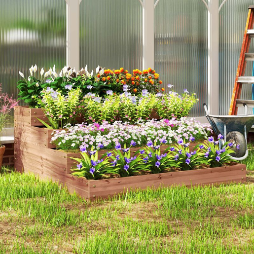 Outsunny Floreira de Madeira Elevada de 4 Níveis Floreira Exterior Grande com Design em Escada Horta Urbana para Cultivos Plantas e Flores para Pátio e Varanda 113x113x46 cm Castanho Escuro
