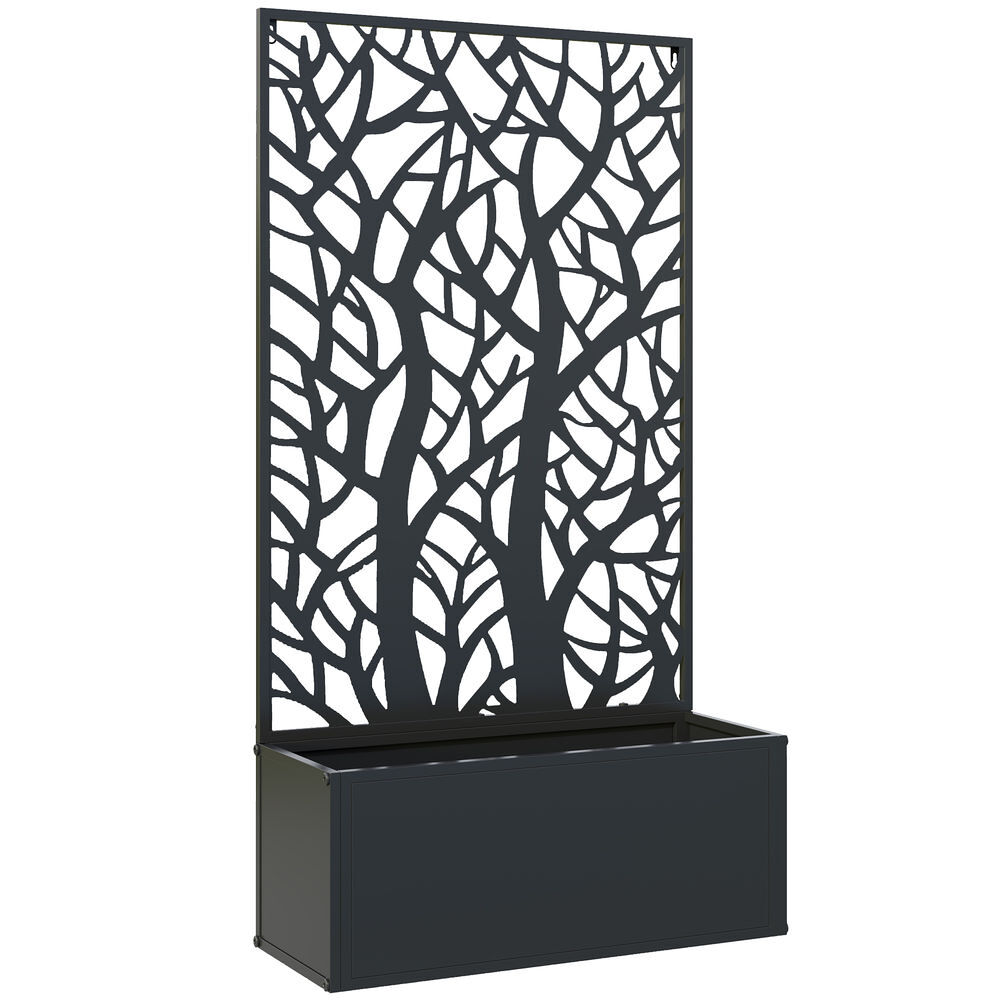 Outsunny jardinera exterior grande de metal jardinera con pantalla de privacidad de hojas decorativas jardinera de pared o independiente para patio terraza 61x23x113 cm negro