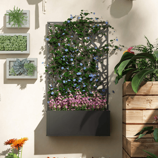 Outsunny Floreira de Exterior Floreira de Metal com Ecrã de Privacidade com Ramos Decorativos Floreira de Parede ou Independente para Pátio Varanda 61x23x113 cm Preto