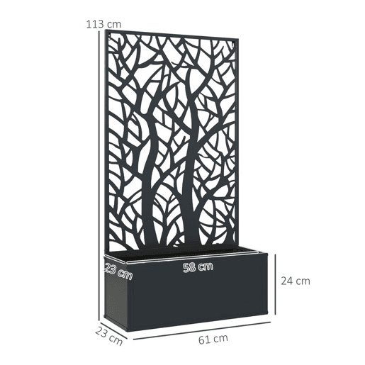 Outsunny Floreira de Exterior Floreira de Metal com Ecrã de Privacidade com Ramos Decorativos Floreira de Parede ou Independente para Pátio Varanda 61x23x113 cm Preto