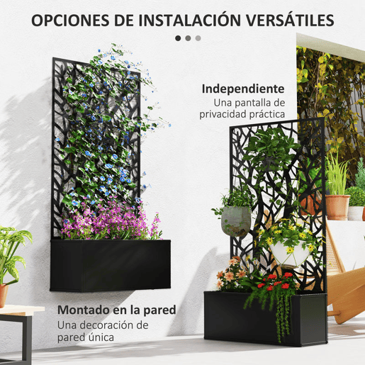 Outsunny Floreira de Exterior Floreira de Metal com Ecrã de Privacidade com Ramos Decorativos Floreira de Parede ou Independente para Pátio Varanda 61x23x113 cm Preto