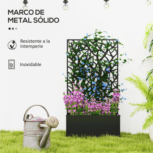 Outsunny Floreira de Exterior Floreira de Metal com Ecrã de Privacidade com Ramos Decorativos Floreira de Parede ou Independente para Pátio Varanda 61x23x113 cm Preto