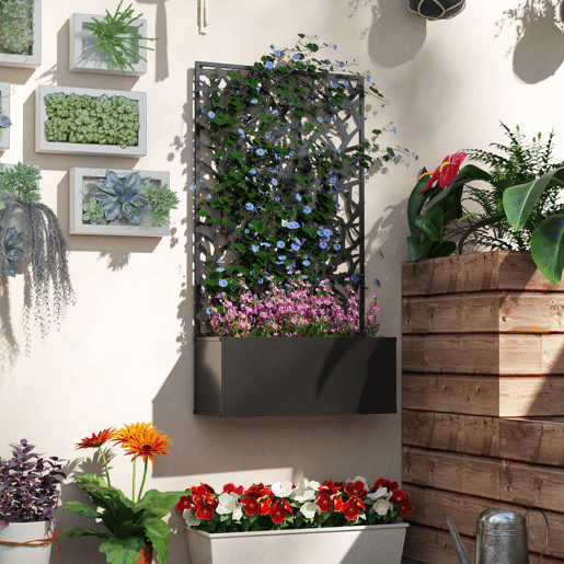 Outsunny Floreira de Exterior Floreira de Metal com Ecrã de Privacidade com Ramos Decorativos Floreira de Parede ou Independente para Pátio Varanda 61x23x113 cm Preto