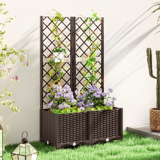Outsunny Floreira com Treliça de PP Floreira Exterior Grande com Drenagem e Amplo Espaço para Plantas Trepadoras Vaso com Suporte para Jardim Pátio Terraço 80x40x135 cm Marrom