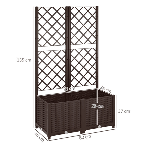Outsunny Floreira com Treliça de PP Floreira Exterior Grande com Drenagem e Amplo Espaço para Plantas Trepadoras Vaso com Suporte para Jardim Pátio Terraço 80x40x135 cm Marrom