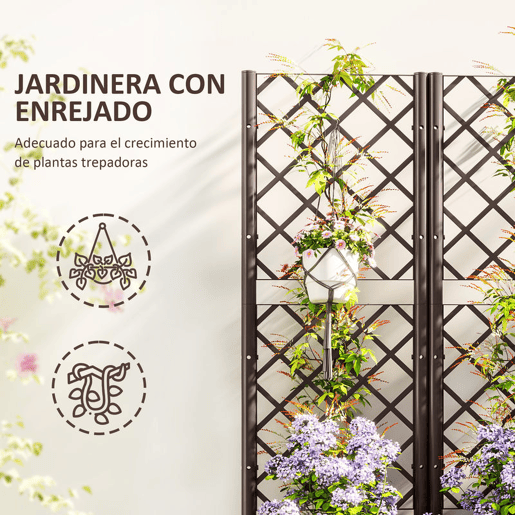 Outsunny Floreira com Treliça de PP Floreira Exterior Grande com Drenagem e Amplo Espaço para Plantas Trepadoras Vaso com Suporte para Jardim Pátio Terraço 80x40x135 cm Marrom