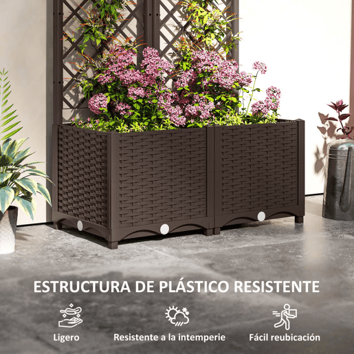 Outsunny Floreira com Treliça de PP Floreira Exterior Grande com Drenagem e Amplo Espaço para Plantas Trepadoras Vaso com Suporte para Jardim Pátio Terraço 80x40x135 cm Marrom