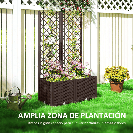 Outsunny Floreira com Treliça de PP Floreira Exterior Grande com Drenagem e Amplo Espaço para Plantas Trepadoras Vaso com Suporte para Jardim Pátio Terraço 80x40x135 cm Marrom