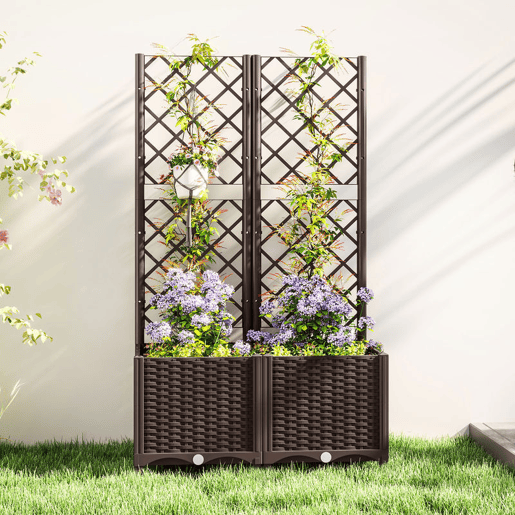 Outsunny Floreira com Treliça de PP Floreira Exterior Grande com Drenagem e Amplo Espaço para Plantas Trepadoras Vaso com Suporte para Jardim Pátio Terraço 80x40x135 cm Marrom