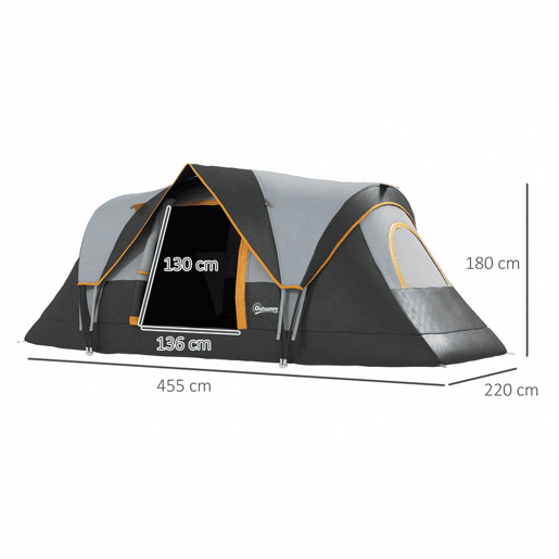 Outsunny Tenda de Campismo para 4-5 Pessoas Impermeável 3000mm+ Anti UV com Bolsa de Transporte e Gancho para Luz 455x230x180 cm Cinza e Preto