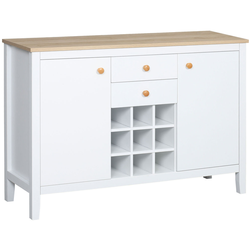 Homcom aparador de cocina con botellero aparador con 2 cajones 2 puertas estantes ajustables para 9 botellas buffet auxiliar de cocina para comedor salón 110x35x75 cm blanco