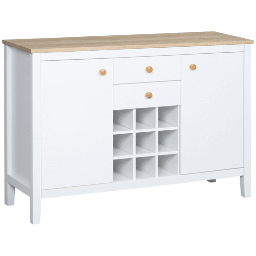 HOMCOM Aparador de Cozinha Moderno com 2 Gavetas 2 Armários com Prateleiras Ajustáveis e Suporte para 9 Garrafas Móvel Auxiliar de Armazenamento para Sala de Jantar 110x35x75 cm Branco e Madeira