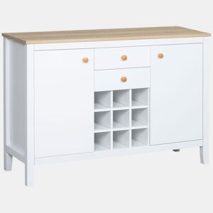 HOMCOM Aparador de Cozinha Moderno com 2 Gavetas 2 Armários com Prateleiras Ajustáveis e Suporte para 9 Garrafas Móvel Auxiliar de Armazenamento para Sala de Jantar 110x35x75 cm Branco e Madeira