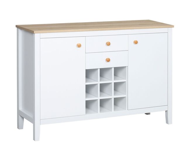 Homcom aparador de cocina con botellero aparador con 2 cajones 2 puertas estantes ajustables para 9 botellas buffet auxiliar de cocina para comedor salón 110x35x75 cm blanco