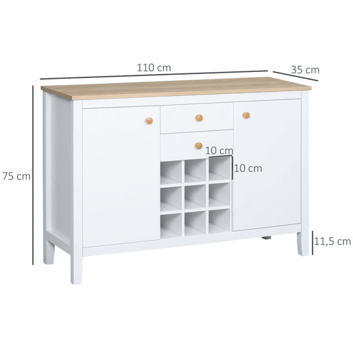 HOMCOM Aparador de Cozinha Moderno com 2 Gavetas 2 Armários com Prateleiras Ajustáveis e Suporte para 9 Garrafas Móvel Auxiliar de Armazenamento para Sala de Jantar 110x35x75 cm Branco e Madeira
