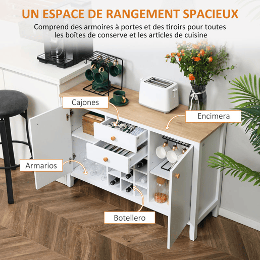HOMCOM Aparador de Cozinha Moderno com 2 Gavetas 2 Armários com Prateleiras Ajustáveis e Suporte para 9 Garrafas Móvel Auxiliar de Armazenamento para Sala de Jantar 110x35x75 cm Branco e Madeira