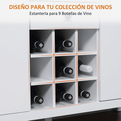 HOMCOM Aparador de Cozinha Moderno com 2 Gavetas 2 Armários com Prateleiras Ajustáveis e Suporte para 9 Garrafas Móvel Auxiliar de Armazenamento para Sala de Jantar 110x35x75 cm Branco e Madeira
