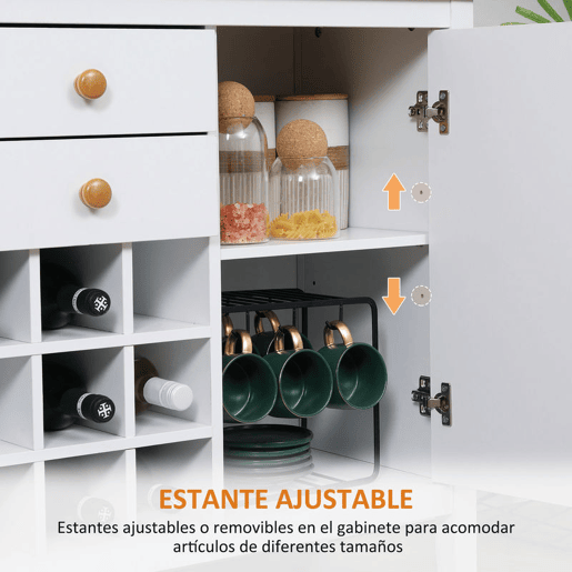 HOMCOM Aparador de Cozinha Moderno com 2 Gavetas 2 Armários com Prateleiras Ajustáveis e Suporte para 9 Garrafas Móvel Auxiliar de Armazenamento para Sala de Jantar 110x35x75 cm Branco e Madeira