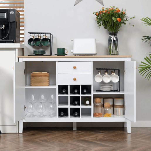HOMCOM Aparador de Cozinha Moderno com 2 Gavetas 2 Armários com Prateleiras Ajustáveis e Suporte para 9 Garrafas Móvel Auxiliar de Armazenamento para Sala de Jantar 110x35x75 cm Branco e Madeira