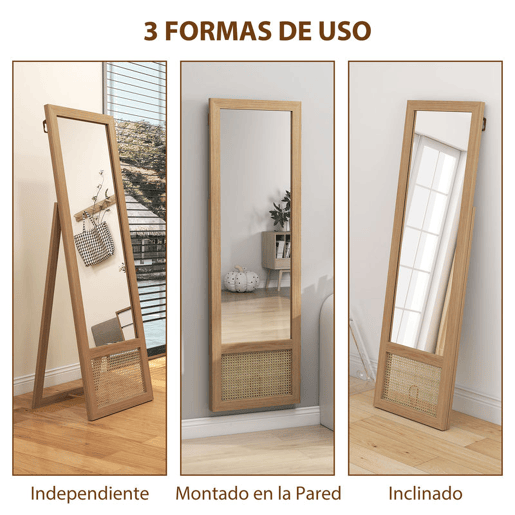 HOMCOM Espelho de Corpo Inteiro 160x50 cm Espelho de Pé ou de Parede com Moldura de Madeira e Suporte para Salão Dormitório Madeira
