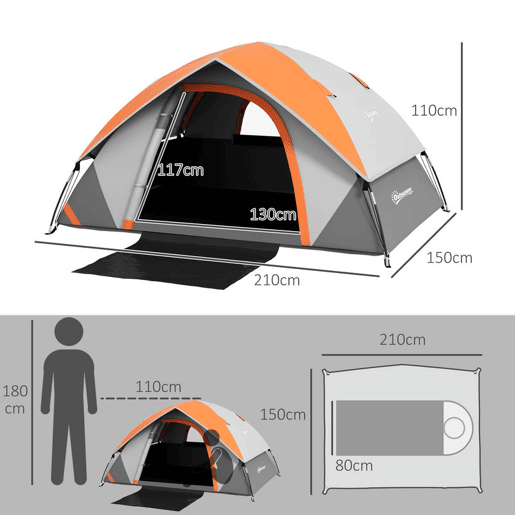 Outsunny Tenda de Campismo para 1-2 Pessoas Tenda de Campismo Dobrável com Janela e Bolsa de Transporte Impermeável 3000 mm 210x150x110 cm Laranja