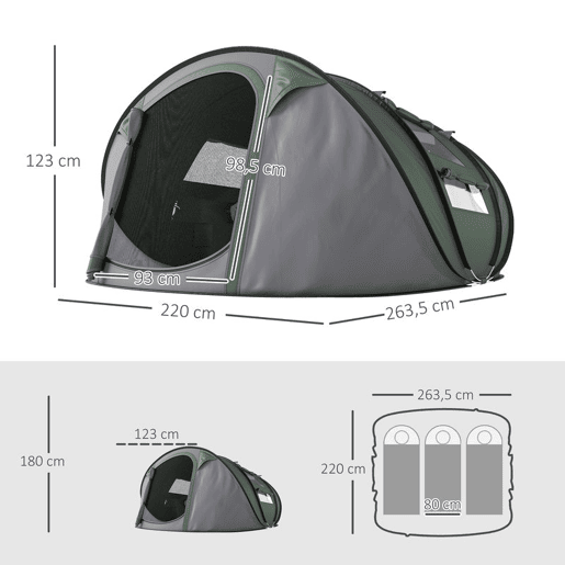 Outsunny Tenda de Campismo Pop-up para 2-3 Pessoas Tenda de Campismo Instantânea com Janelas Bolsos e Bolsa de Transporte Impermeável Anti-UV 263,5x220x123 cm Verde e Cinzento