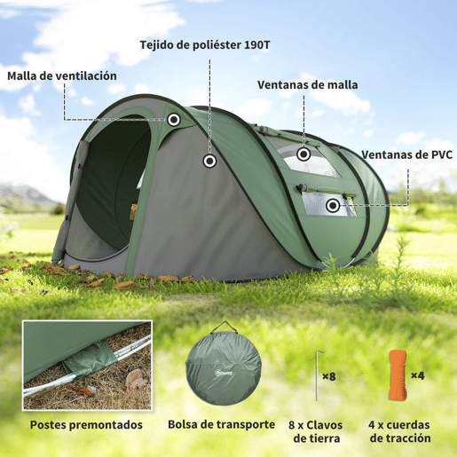 Outsunny Tenda de Campismo Pop-up para 2-3 Pessoas Tenda de Campismo Instantânea com Janelas Bolsos e Bolsa de Transporte Impermeável Anti-UV 263,5x220x123 cm Verde e Cinzento