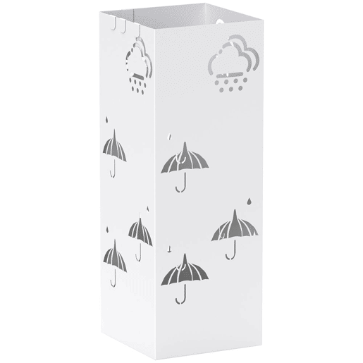 HOMCOM Suporte para Guarda Chuva de Aço Suporte para Guarda Chuva com 4 Ganchos e Bandeja de Gotejamento Amovível Suporte para Guarda Chuva Branco para Entrada Escritório 15,5x15,5x41 cm