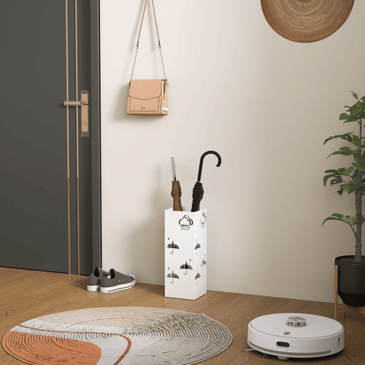 HOMCOM Suporte para Guarda Chuva de Aço Suporte para Guarda Chuva com 4 Ganchos e Bandeja de Gotejamento Amovível Suporte para Guarda Chuva Branco para Entrada Escritório 15,5x15,5x41 cm